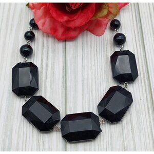 KR Black Large Graduated Bead Statement Collar Necklace 17" Signed